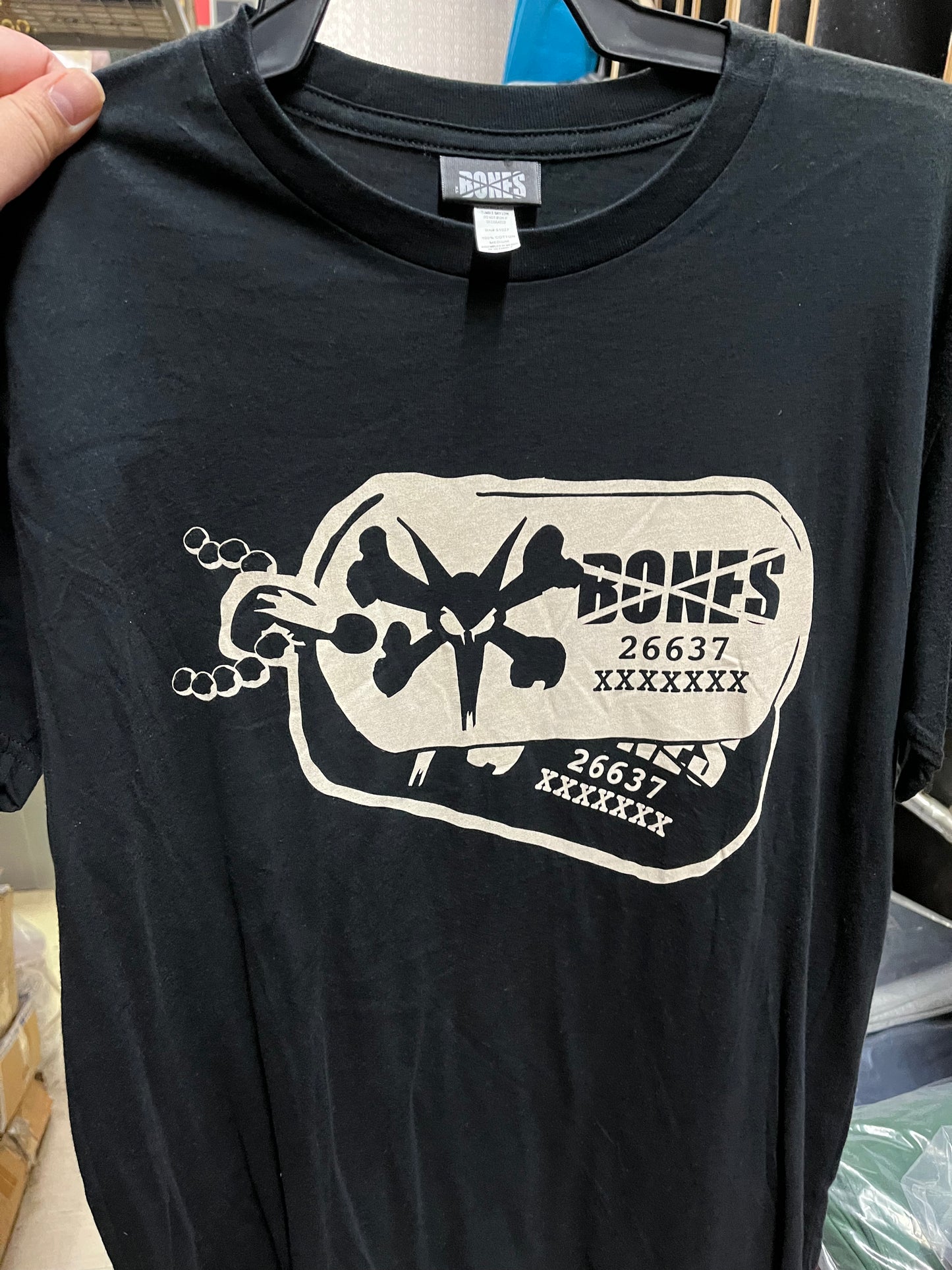 Vintage Bones Wheels Skateboard T shirt Dog tag Black
