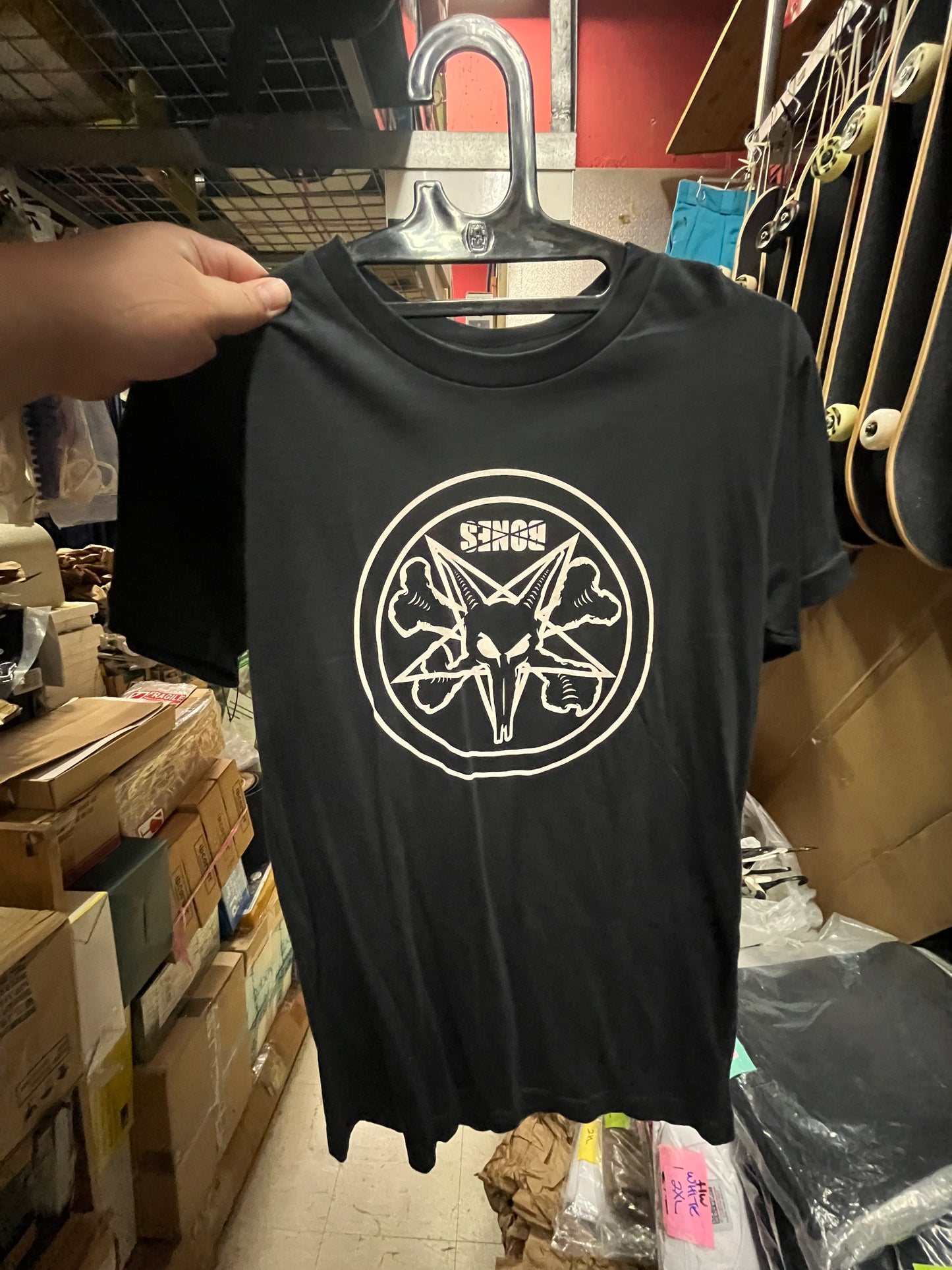 Vintage Bones Wheels Skateboard T Shirt Pentagram Black