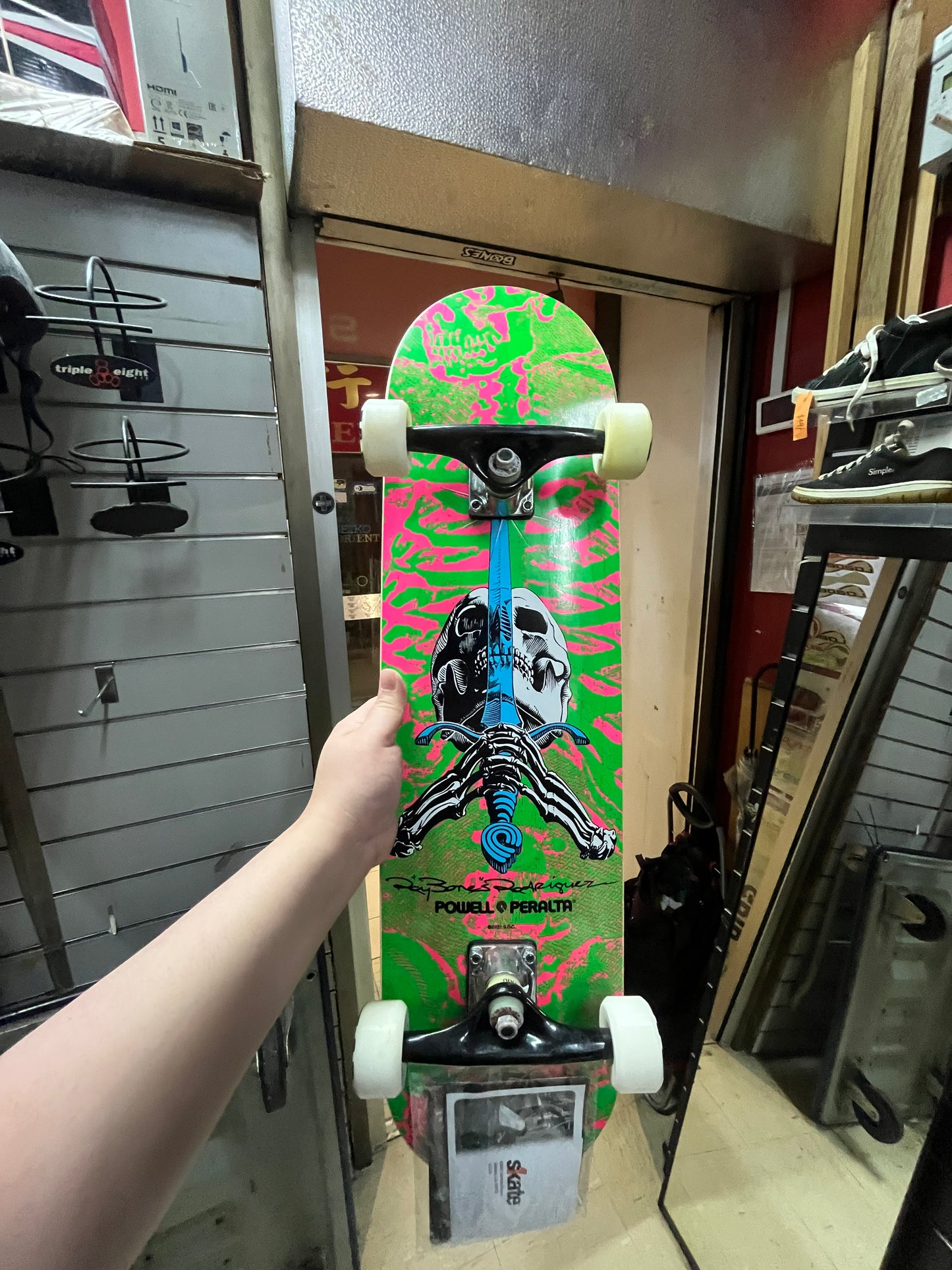 Powell Peralta Complete Skateboard Skull And Sword Pink Green 8”
